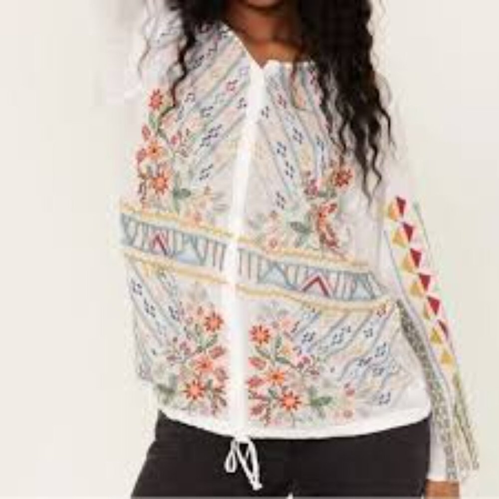 Johnny Was Embroidered Dyllan Button Down Top Tunic Shirt  Sz Small